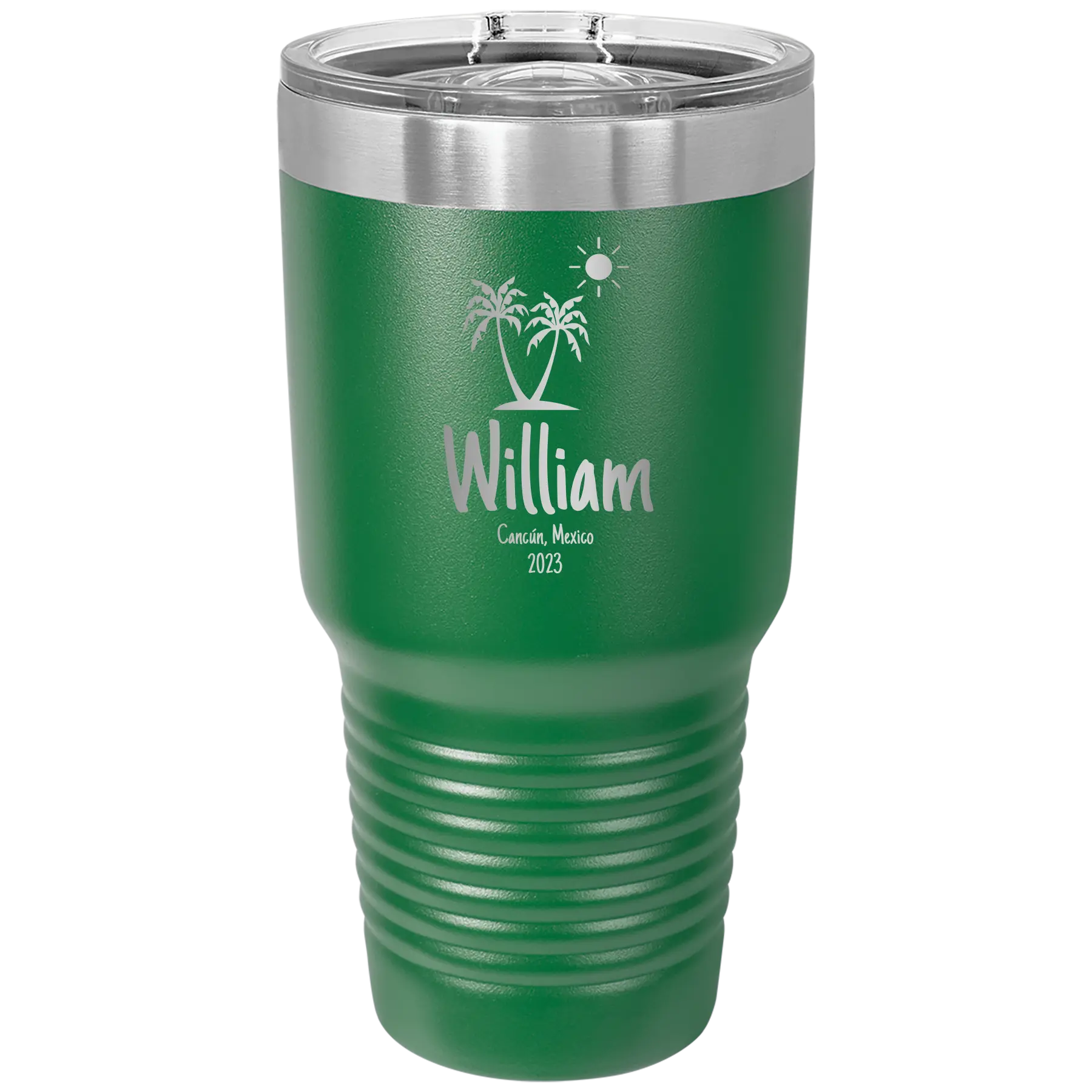 Personalized green 30 oz vacuum insulated tumbler with 'Palm Trees' design