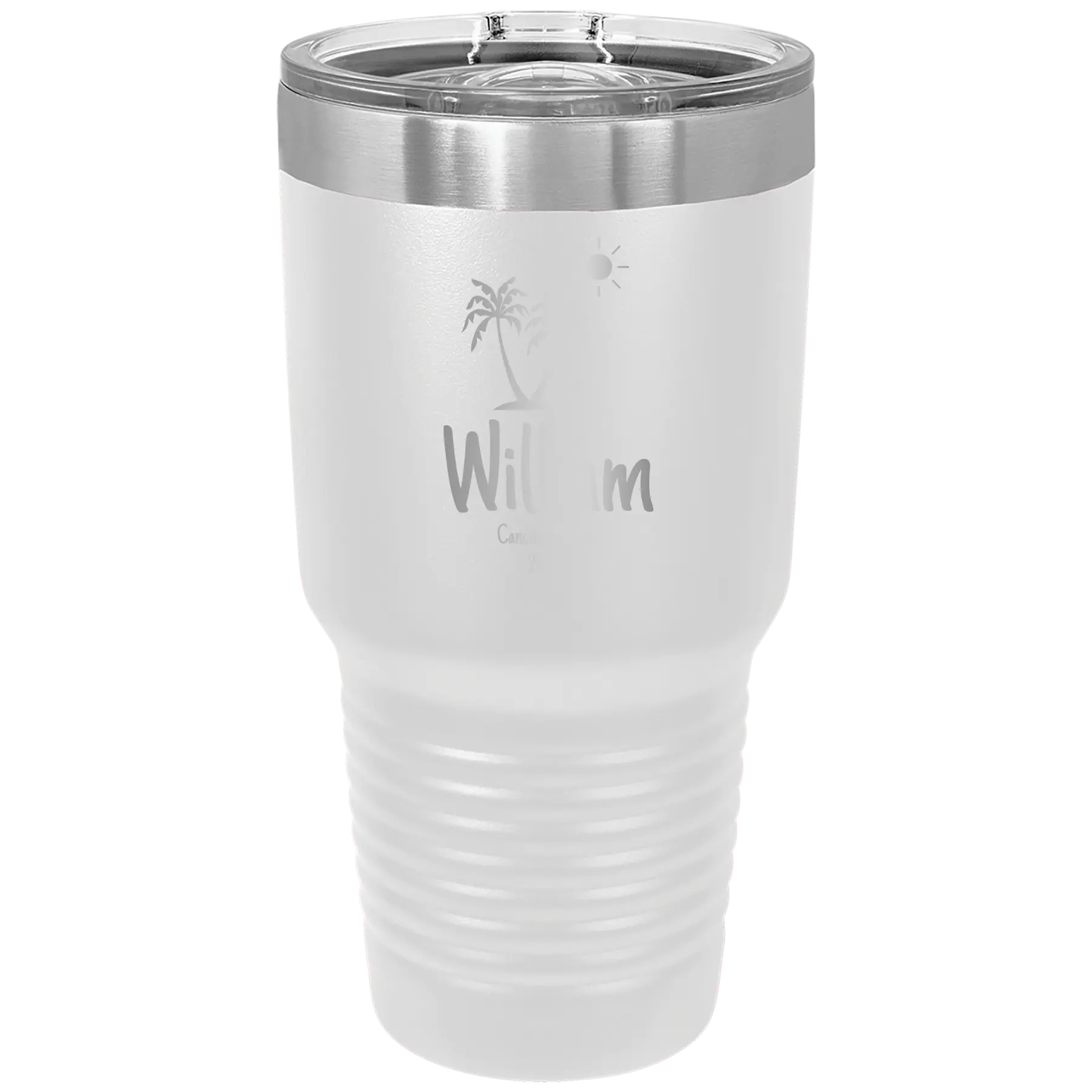 Personalized white 30 oz vacuum insulated tumbler with 'Palm Trees' design