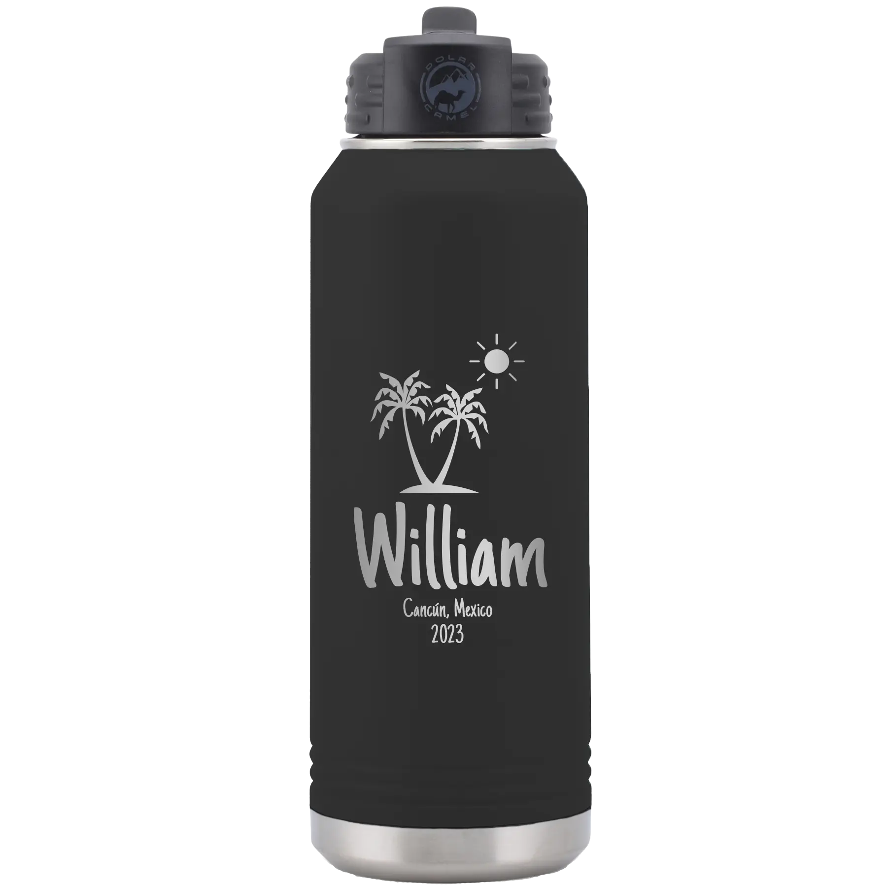 Personalized black 32 oz vacuum insulated water bottle with 'Palm Trees' design