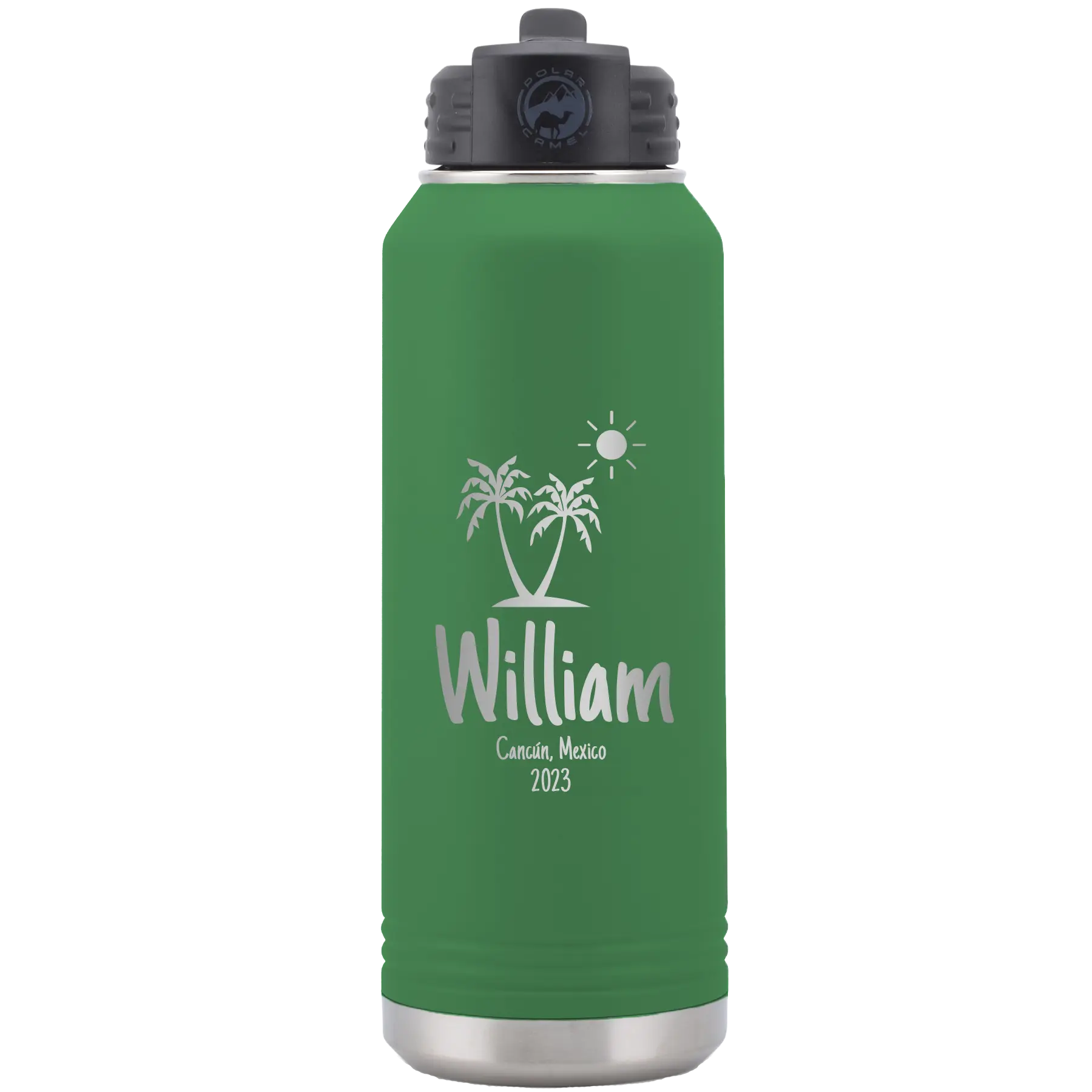 Personalized green 32 oz vacuum insulated water bottle with 'Palm Trees' design