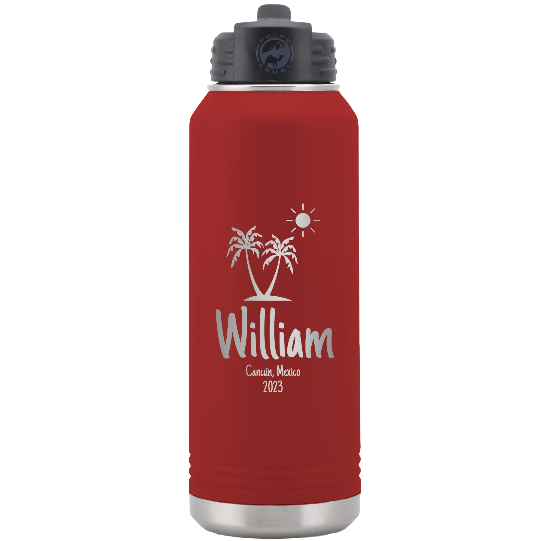 Personalized maroon 32 oz vacuum insulated water bottle with 'Palm Trees' design
