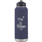 Personalized navy 32 oz vacuum insulated water bottle with 'Palm Trees' design