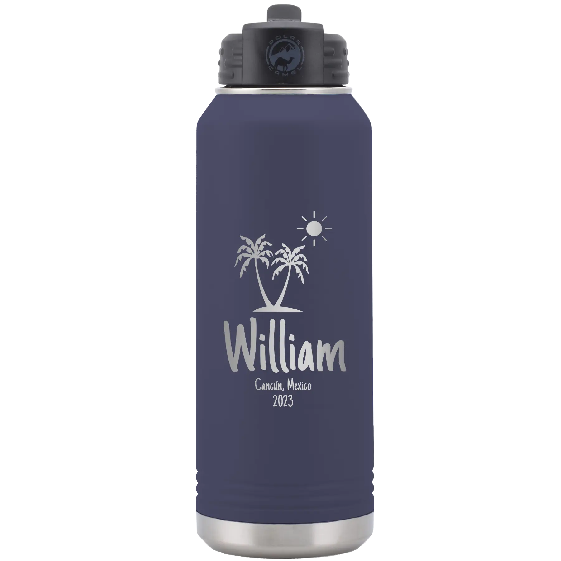 Personalized navy 32 oz vacuum insulated water bottle with 'Palm Trees' design