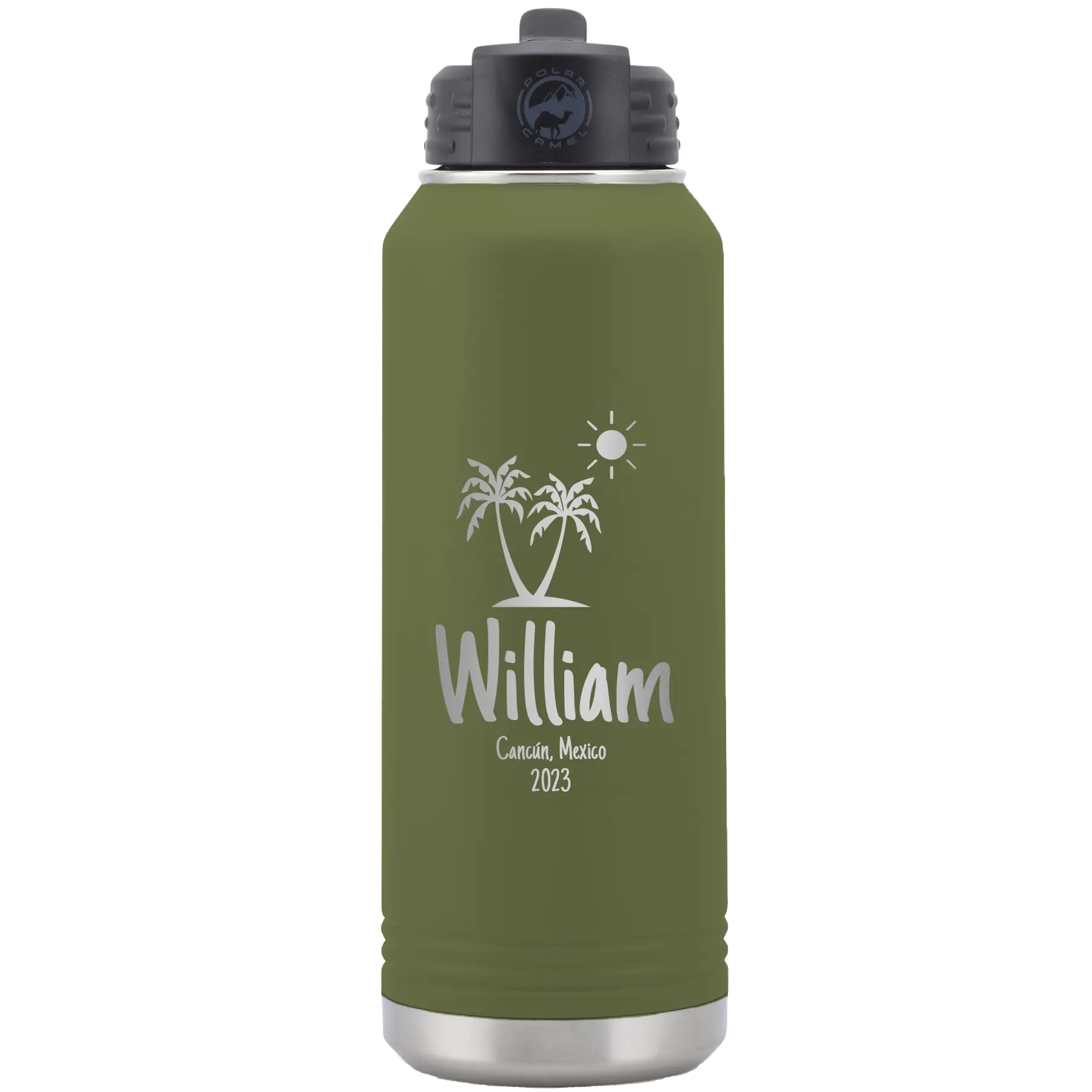 Personalized olive green 32 oz vacuum insulated water bottle with 'Palm Trees' design