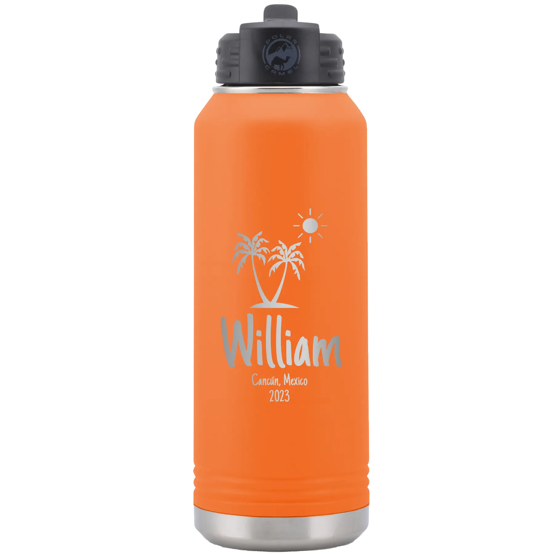 Personalized orange 32 oz vacuum insulated water bottle with 'Palm Trees' design