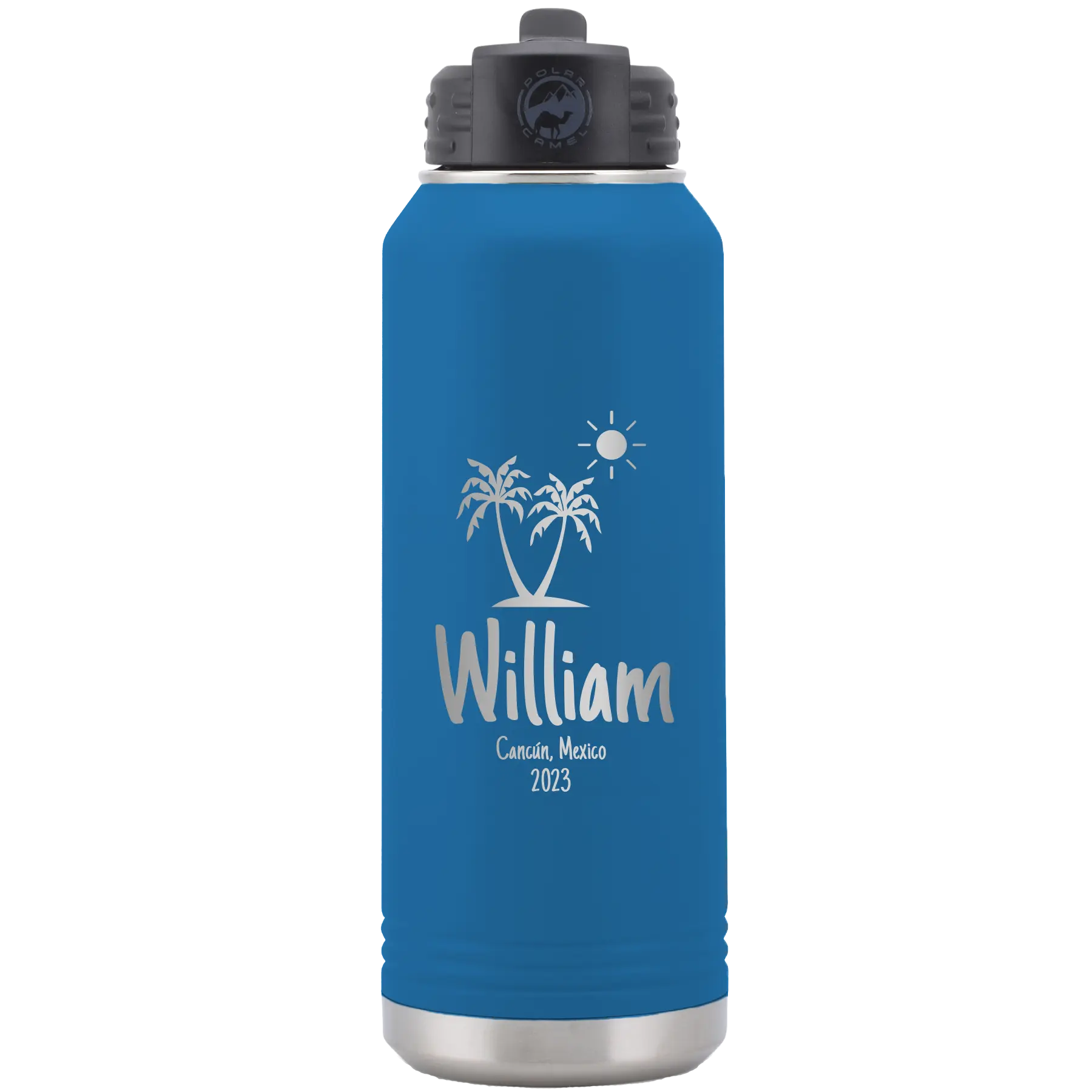 Personalized royal blue 32 oz vacuum insulated water bottle with 'Palm Trees' design
