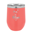 Personalized coral 12 oz vacuum insulated wine cup with 'Palm Trees' design