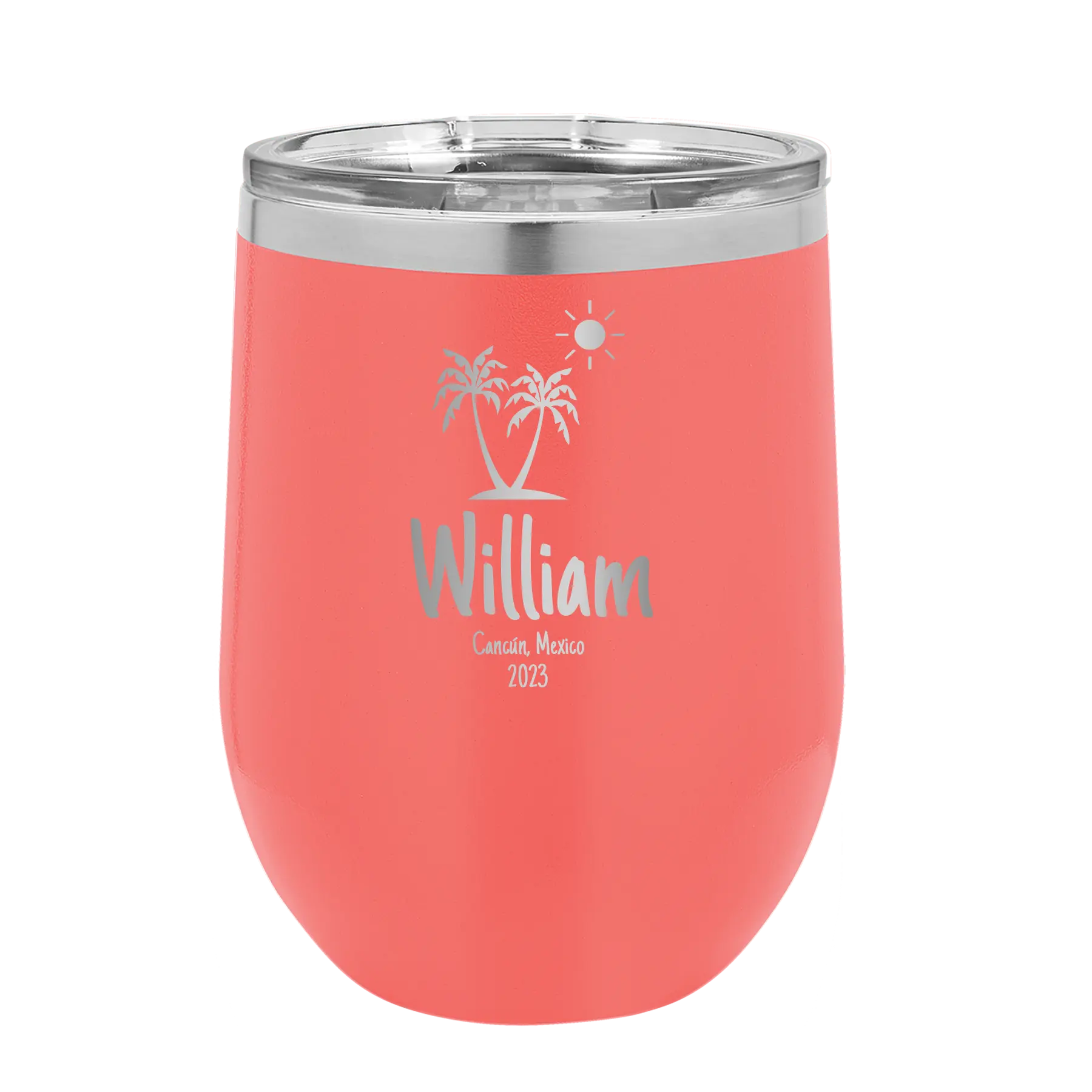 Personalized coral 12 oz vacuum insulated wine cup with 'Palm Trees' design