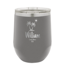 Personalized dark gray 12 oz vacuum insulated wine cup with 'Palm Trees' design