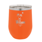 Personalized orange 12 oz vacuum insulated wine cup with 'Palm Trees' design
