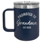 Personalized navy 15 oz vacuum insulated coffee mug with 'Promoted to Grandma' design
