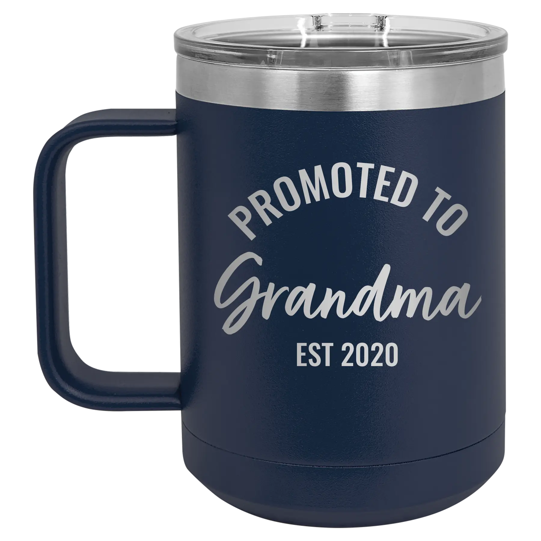 Personalized navy 15 oz vacuum insulated coffee mug with 'Promoted to Grandma' design