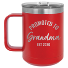 Personalized red 15 oz vacuum insulated coffee mug with 'Promoted to Grandma' design