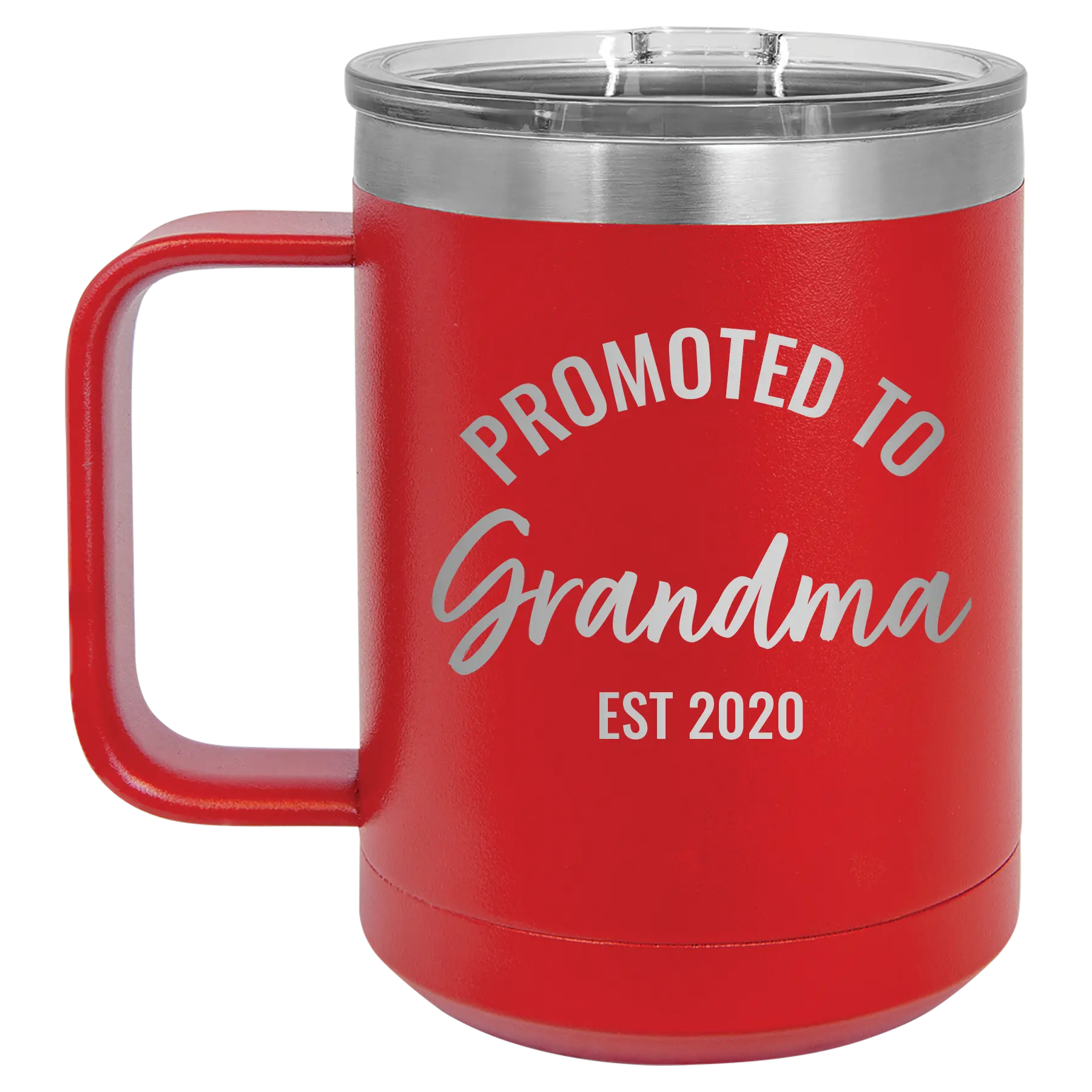 Personalized red 15 oz vacuum insulated coffee mug with 'Promoted to Grandma' design