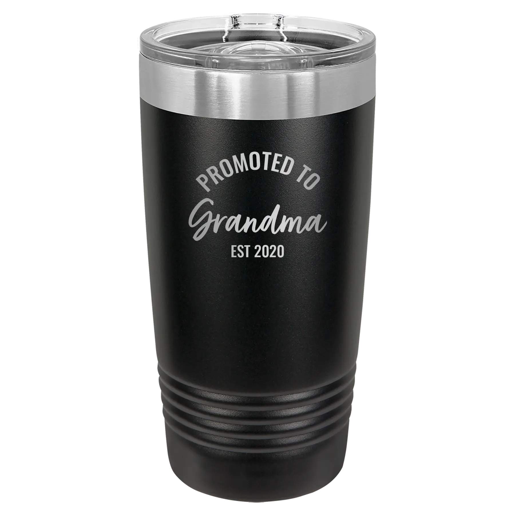 Personalized black 20 oz vacuum insulated tumbler with 'Promoted to Grandma' design