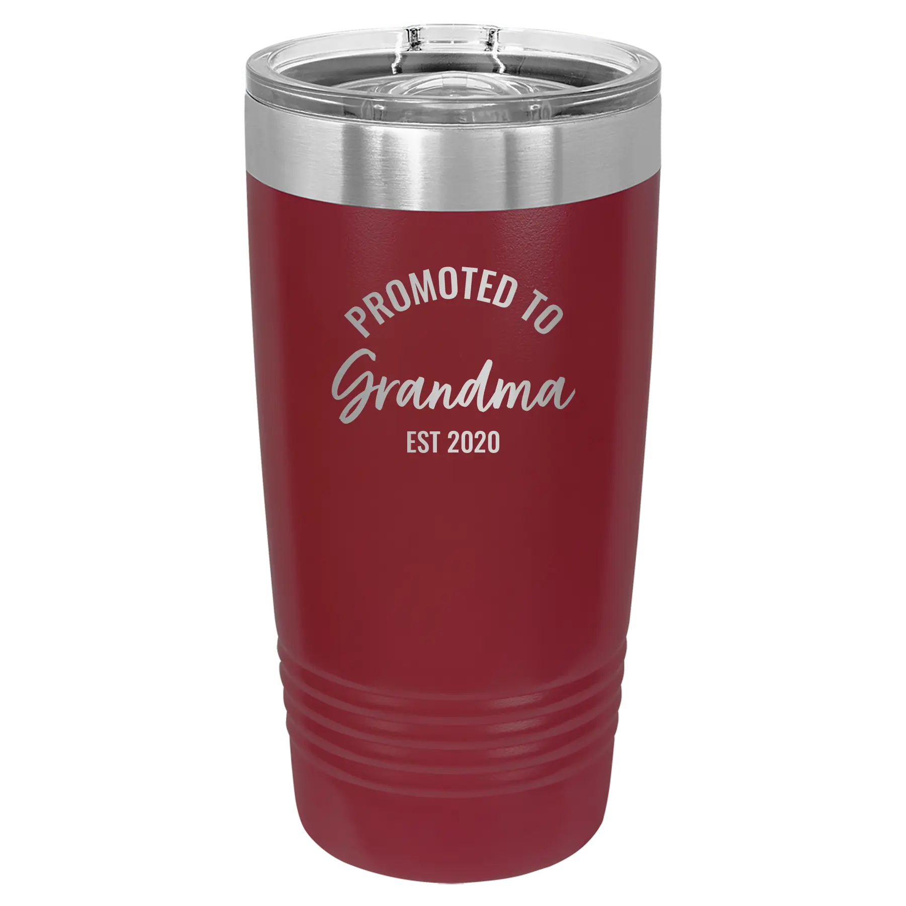 Personalized maroon 20 oz vacuum insulated tumbler with 'Promoted to Grandma' design