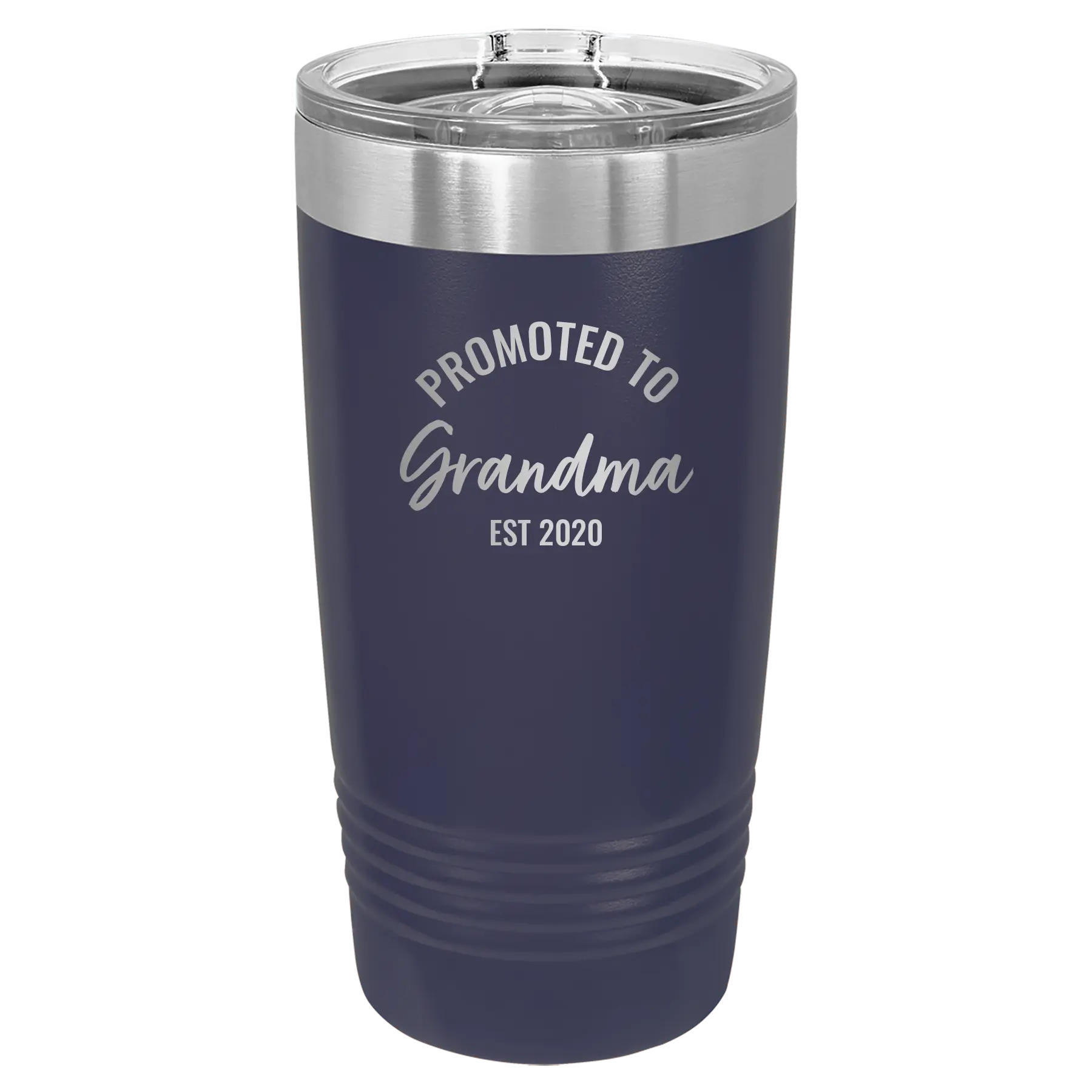 Personalized navy 20 oz vacuum insulated tumbler with 'Promoted to Grandma' design