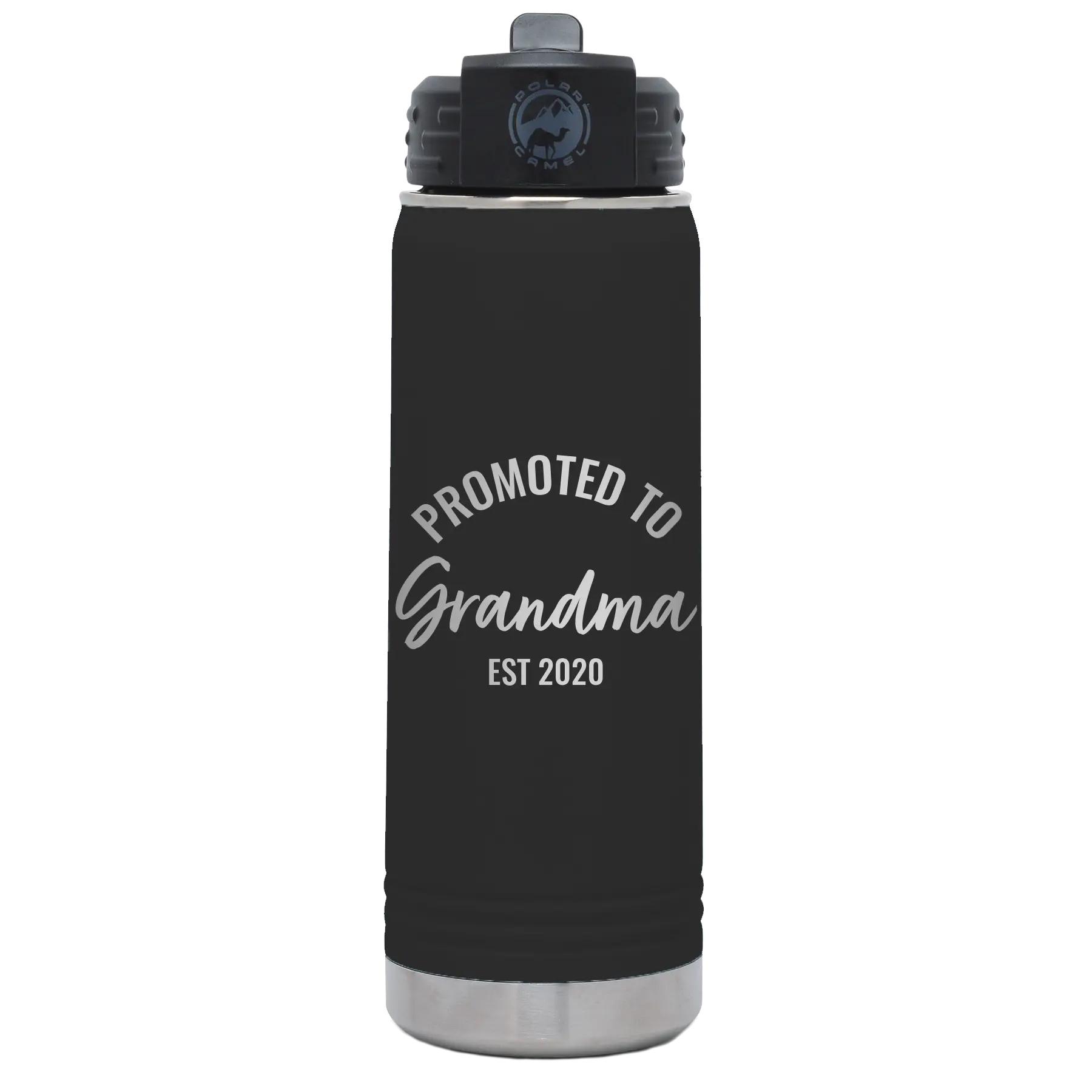 Personalized black 20 oz vacuum insulated water bottle with 'Promoted to Grandma' design
