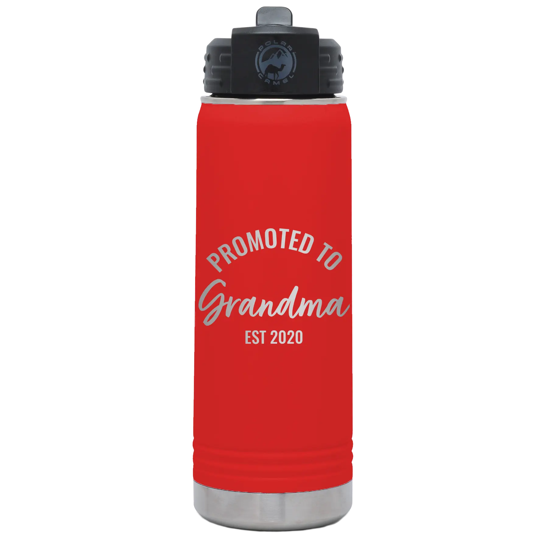 Personalized red 20 oz vacuum insulated water bottle with 'Promoted to Grandma' design