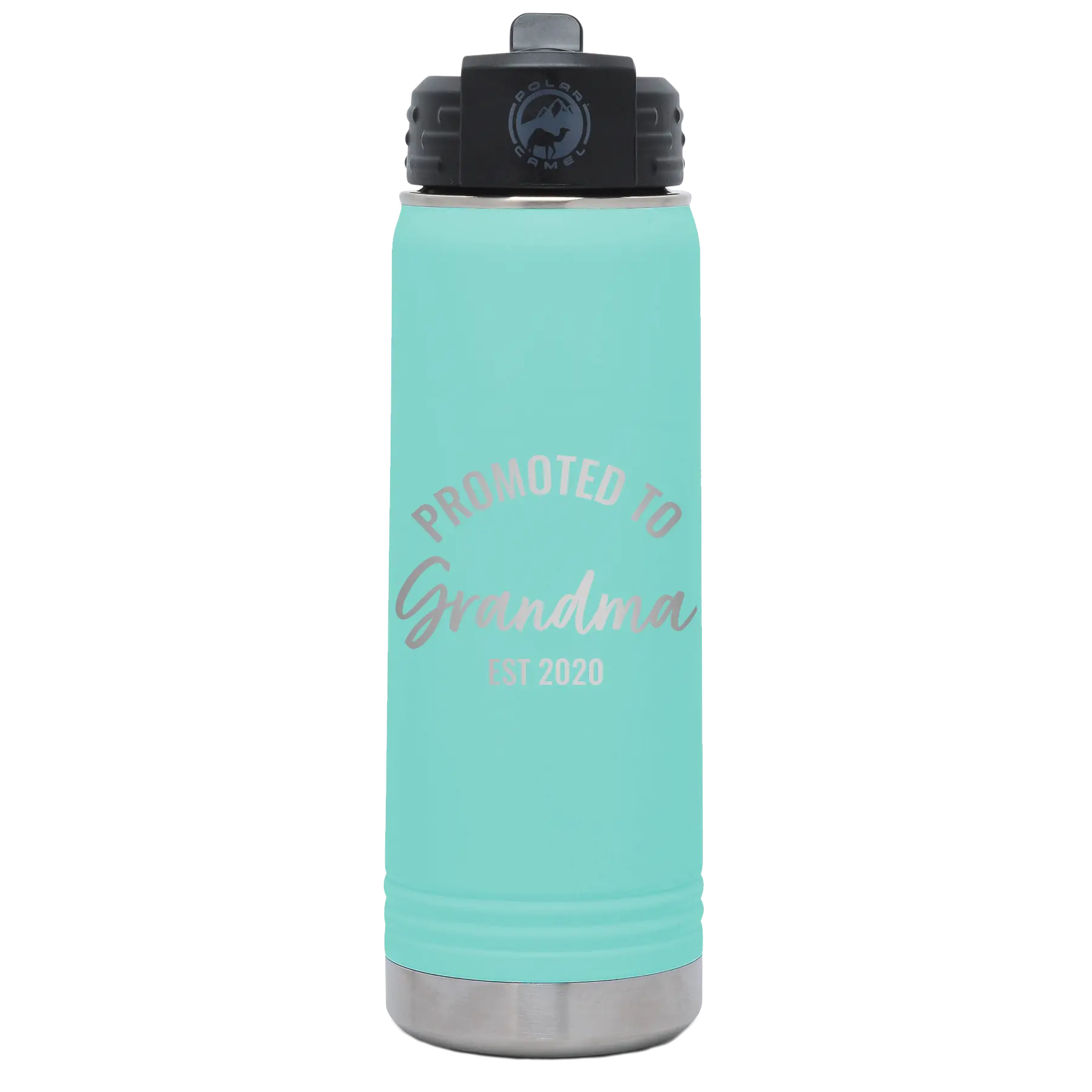 Personalized teal 20 oz vacuum insulated water bottle with 'Promoted to Grandma' design