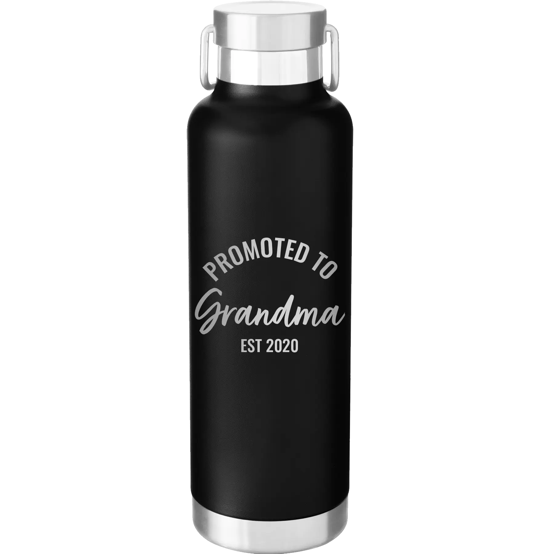 Personalized black 24 oz vacuum insulated water bottle with 'Promoted to Grandma' design