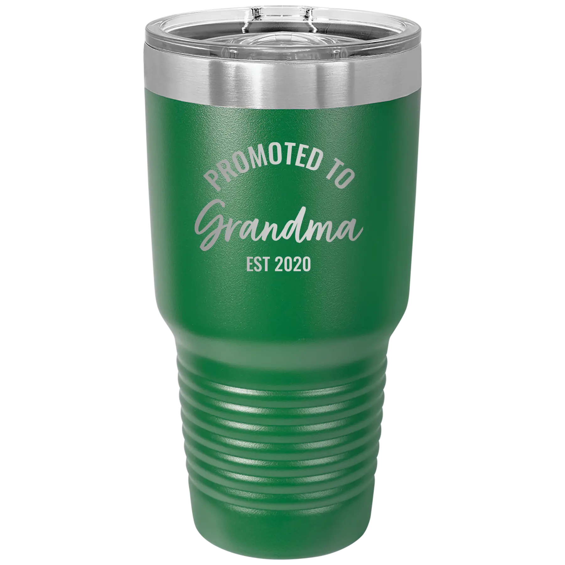 Personalized green 30 oz vacuum insulated tumbler with 'Promoted to Grandma' design