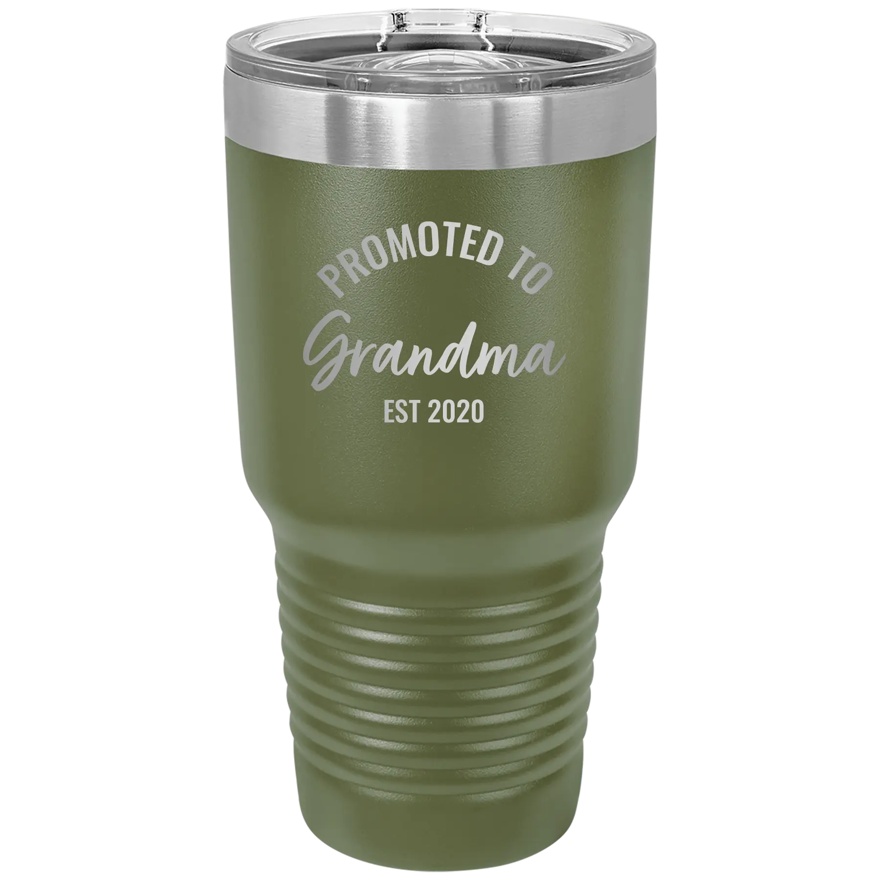 Personalized olive green 30 oz vacuum insulated tumbler with 'Promoted to Grandma' design