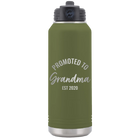 Personalized olive green 32 oz vacuum insulated water bottle with 'Promoted to Grandma' design