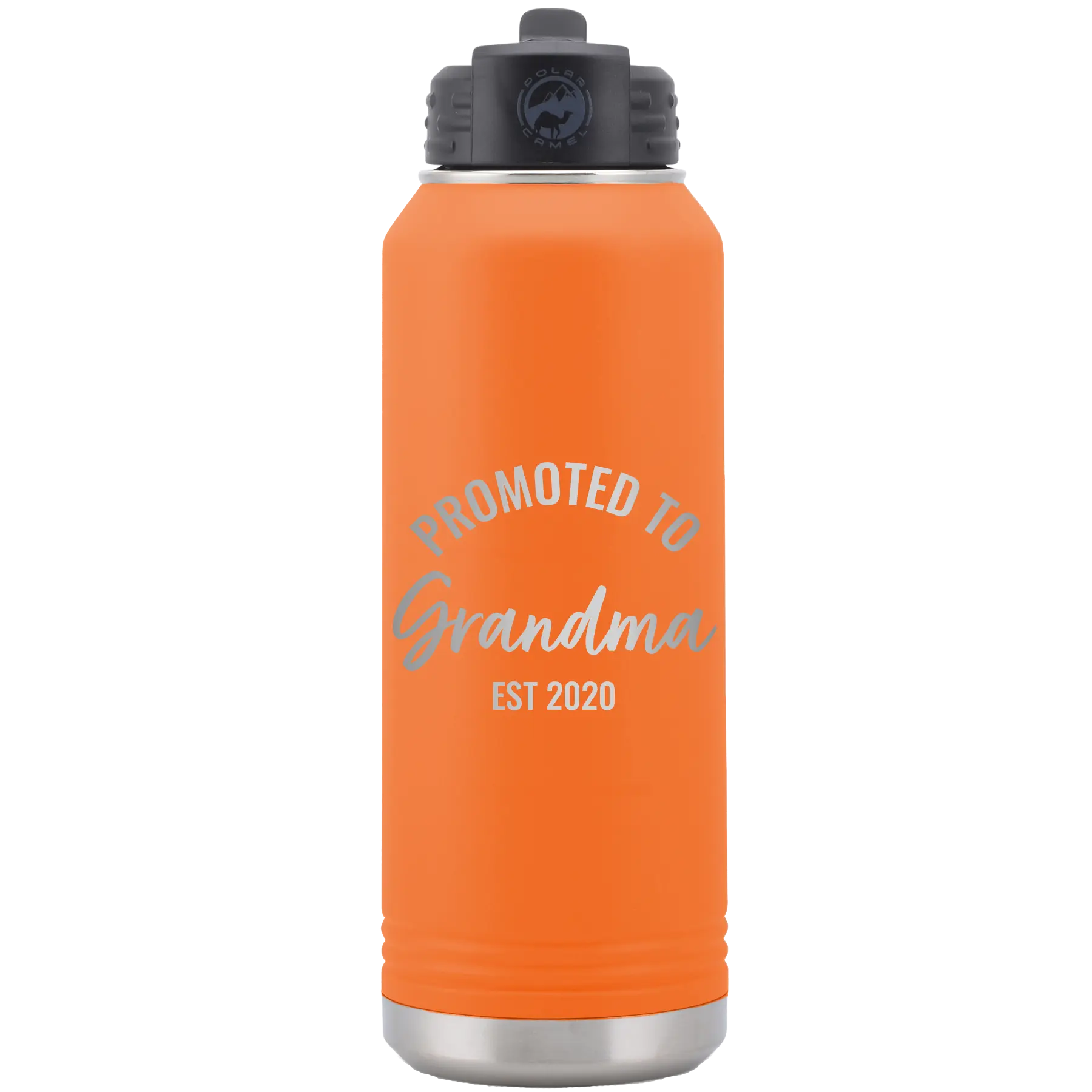 Personalized orange 32 oz vacuum insulated water bottle with 'Promoted to Grandma' design