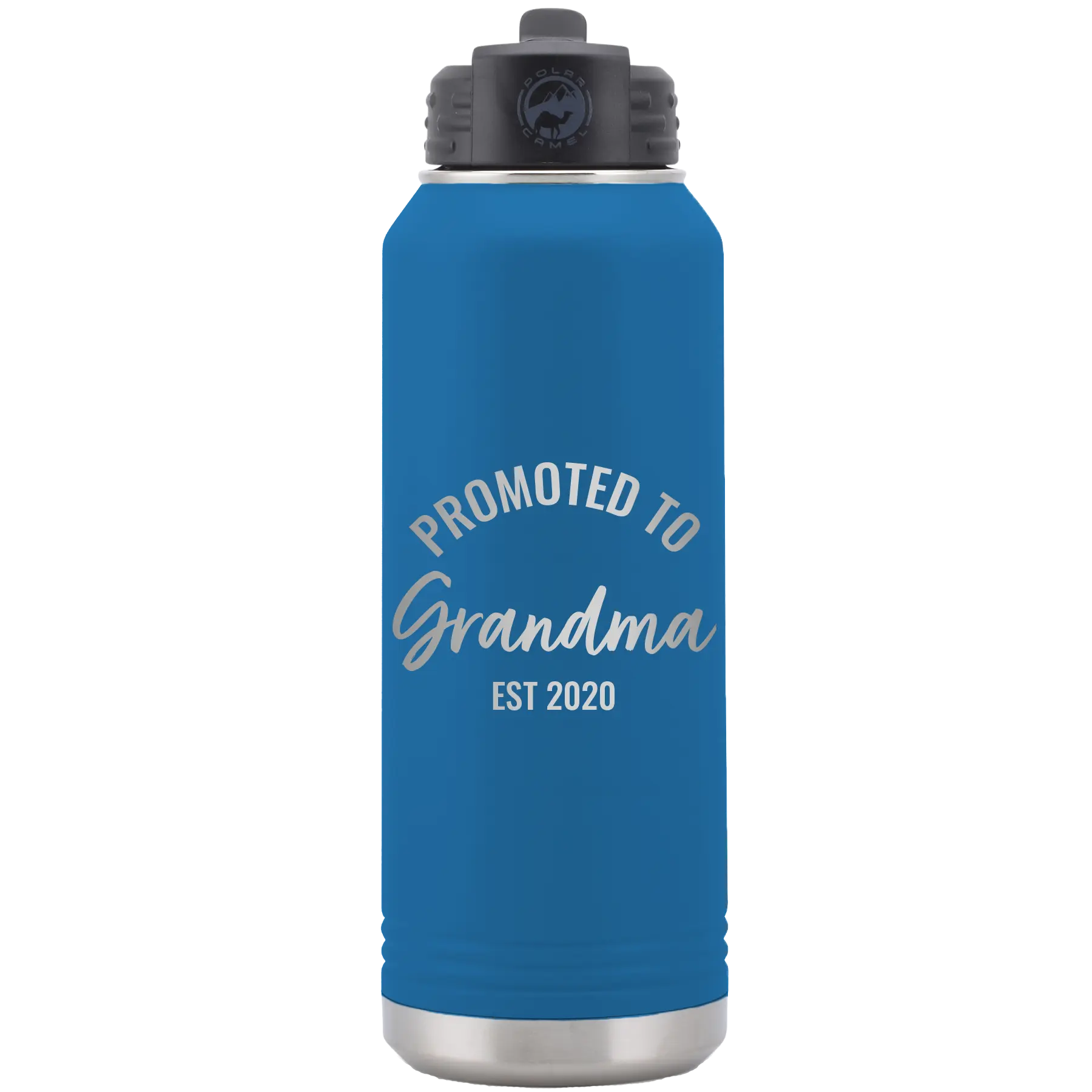 Personalized royal blue 32 oz vacuum insulated water bottle with 'Promoted to Grandma' design