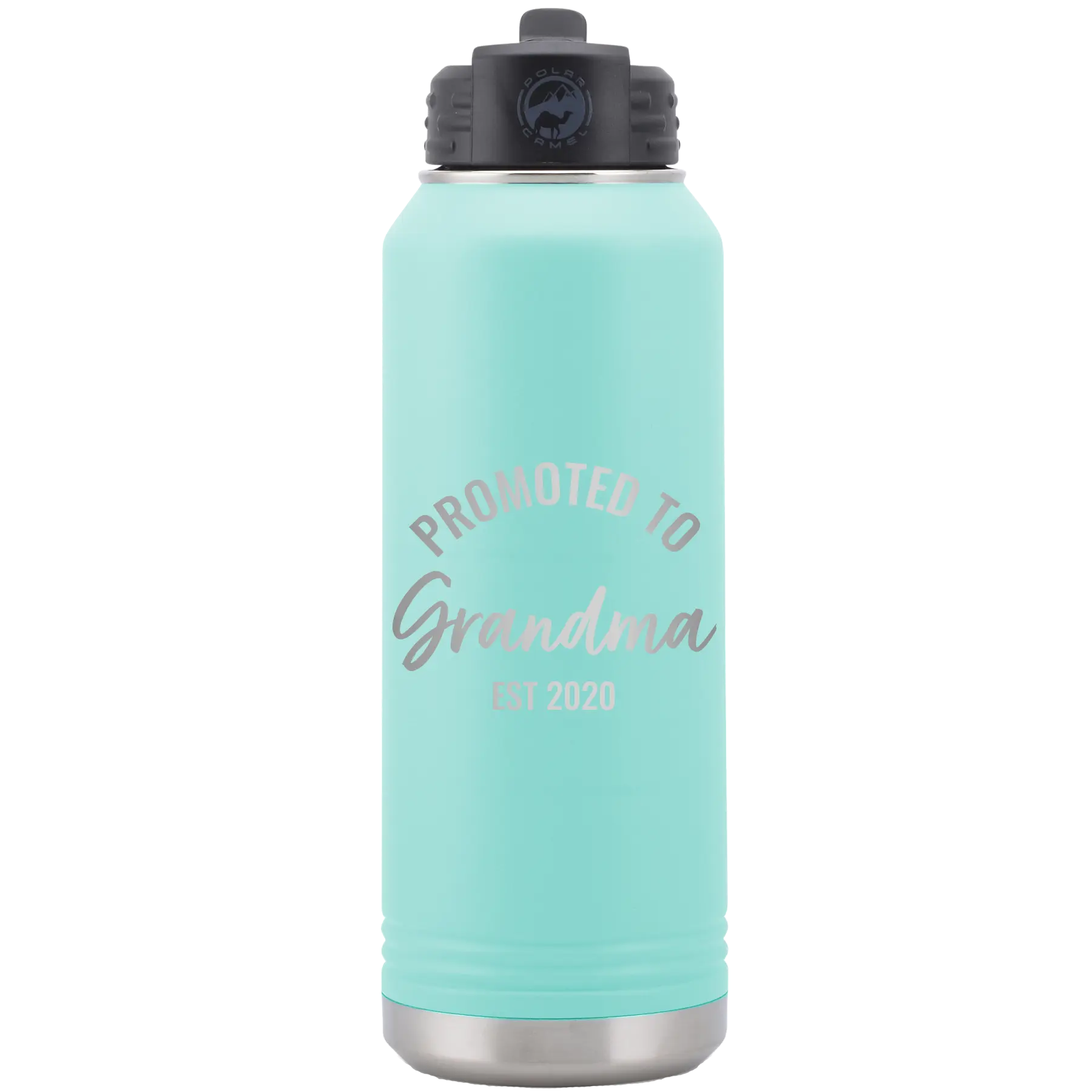 Personalized teal 32 oz vacuum insulated water bottle with 'Promoted to Grandma' design