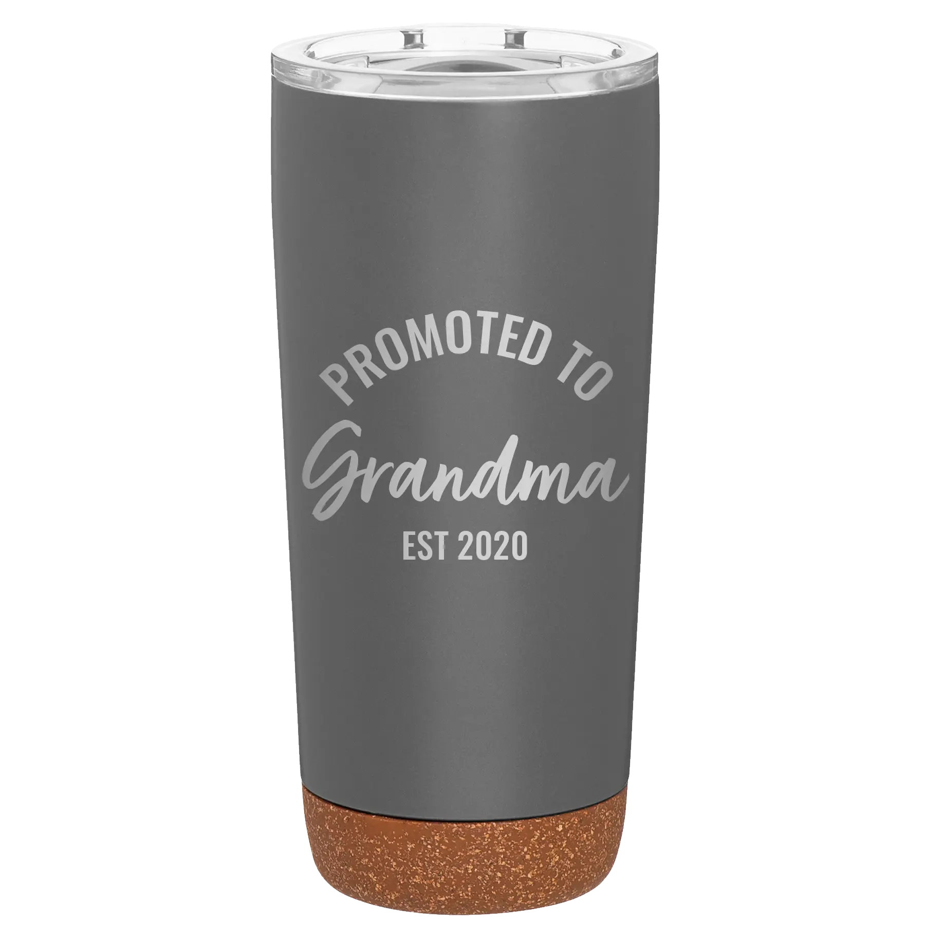 Personalized storm gray 20 oz vacuum insulated tumbler with 'Promoted to Grandma' design