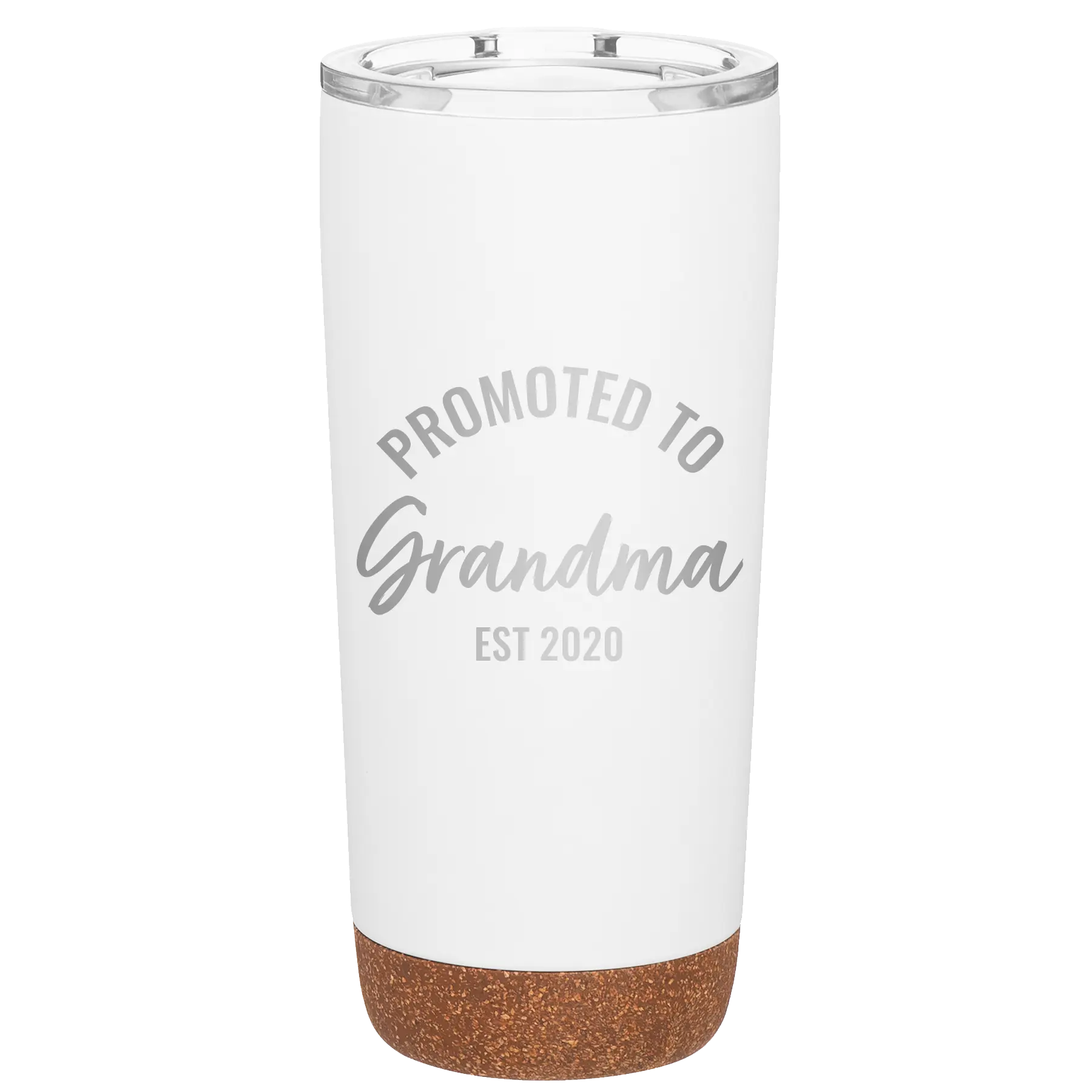 Personalized white 20 oz vacuum insulated tumbler with 'Promoted to Grandma' design