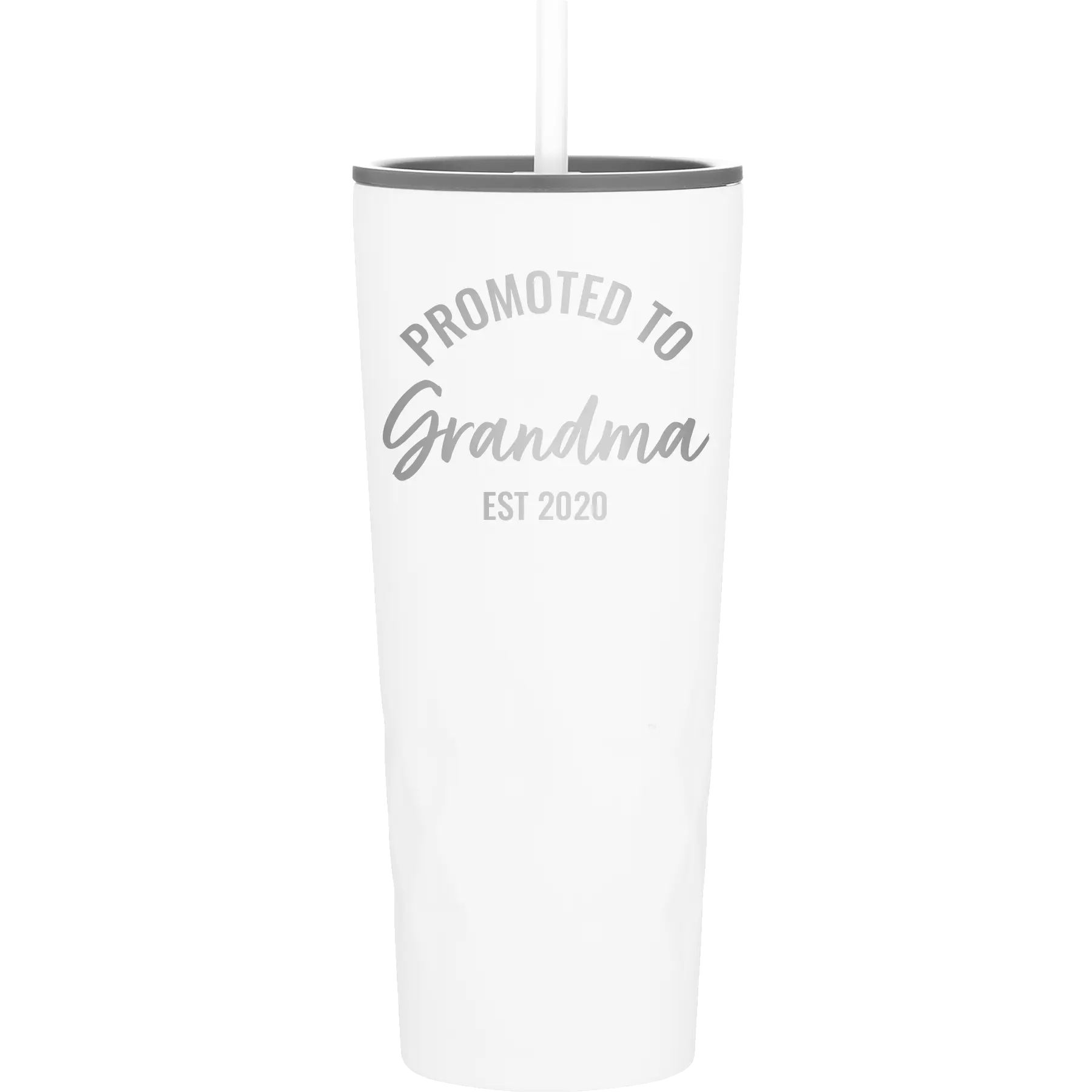 Personalized white 20 oz vacuum insulated tumbler with 'Promoted to Grandma' design