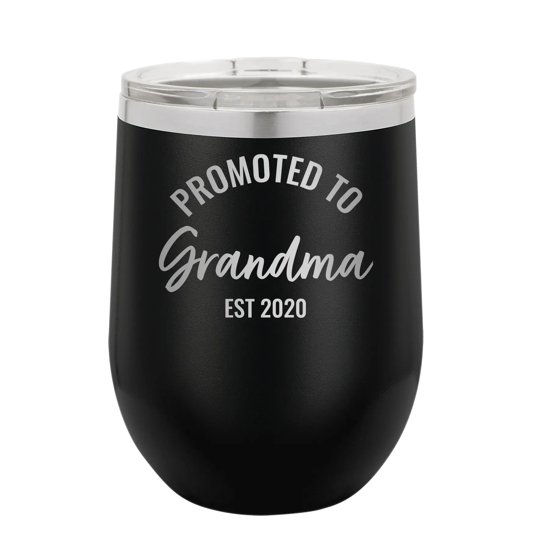 Personalized black 12 oz vacuum insulated wine cup with 'Promoted to Grandma' design