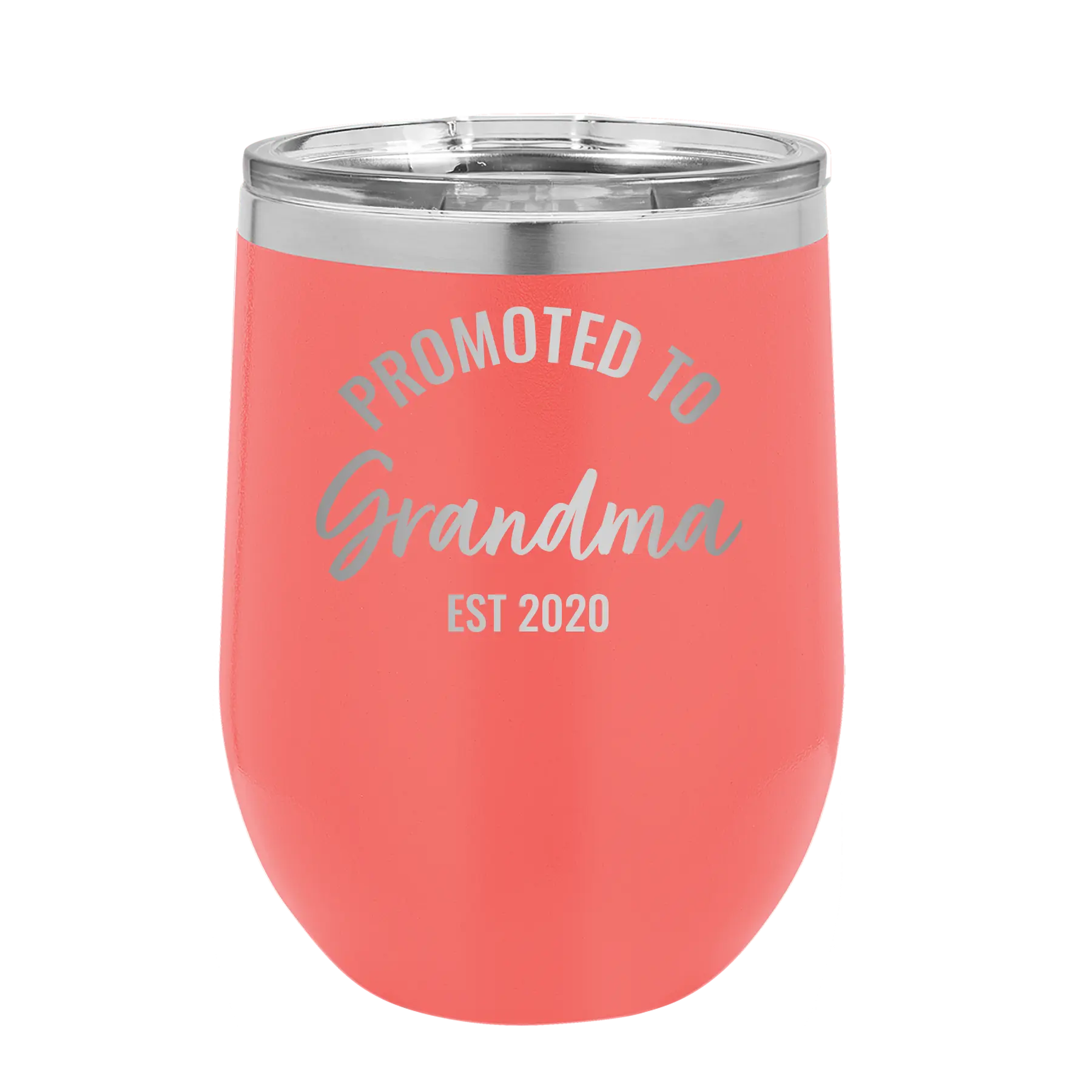 Personalized coral 12 oz vacuum insulated wine cup with 'Promoted to Grandma' design