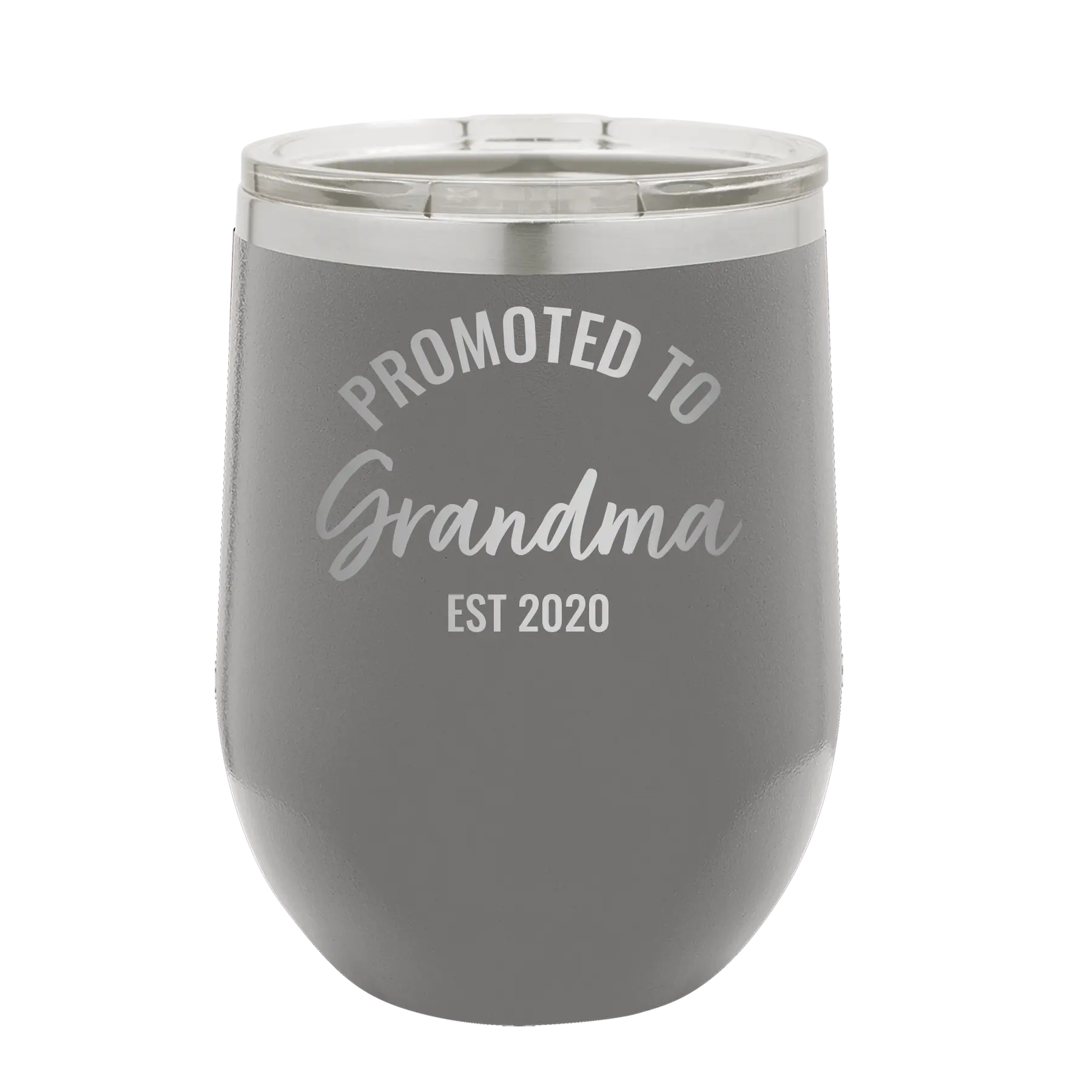 Personalized dark gray 12 oz vacuum insulated wine cup with 'Promoted to Grandma' design
