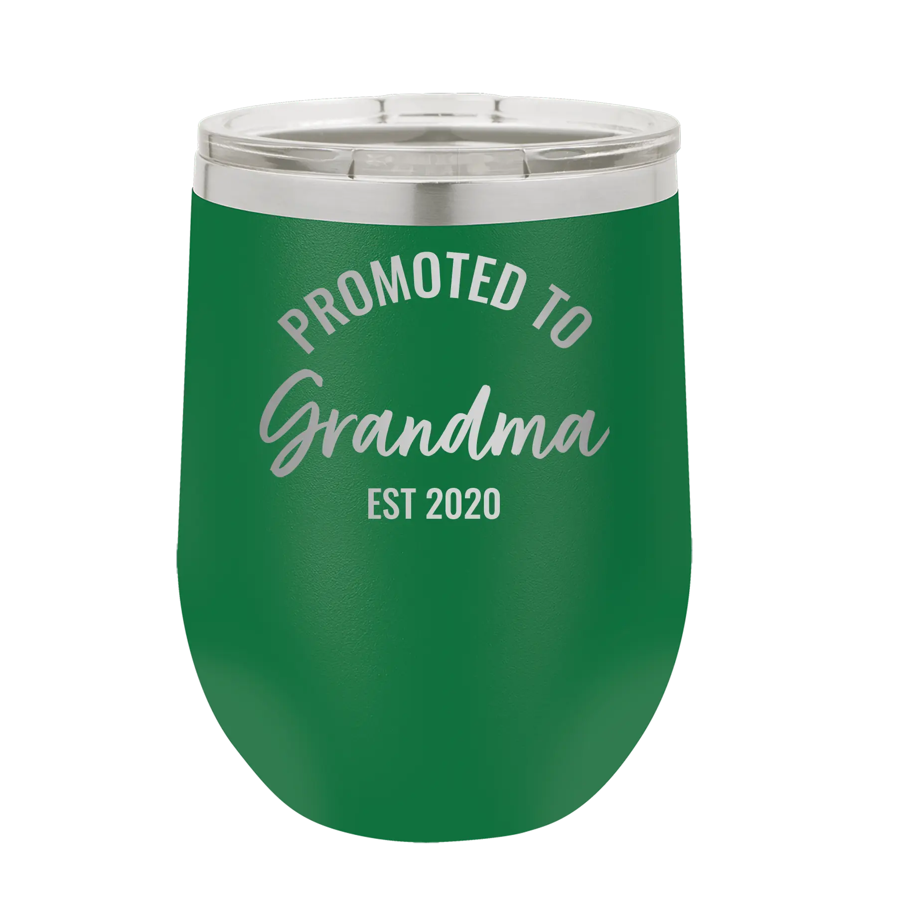 Personalized green 12 oz vacuum insulated wine cup with 'Promoted to Grandma' design