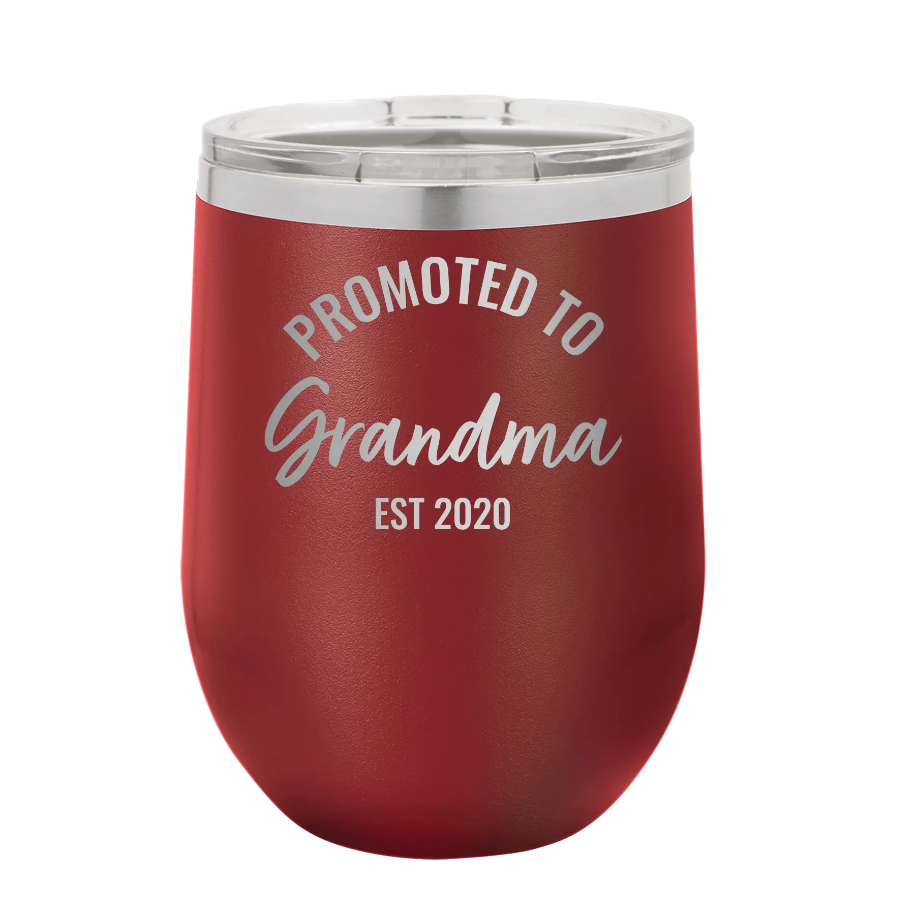 Personalized maroon 12 oz vacuum insulated wine cup with 'Promoted to Grandma' design