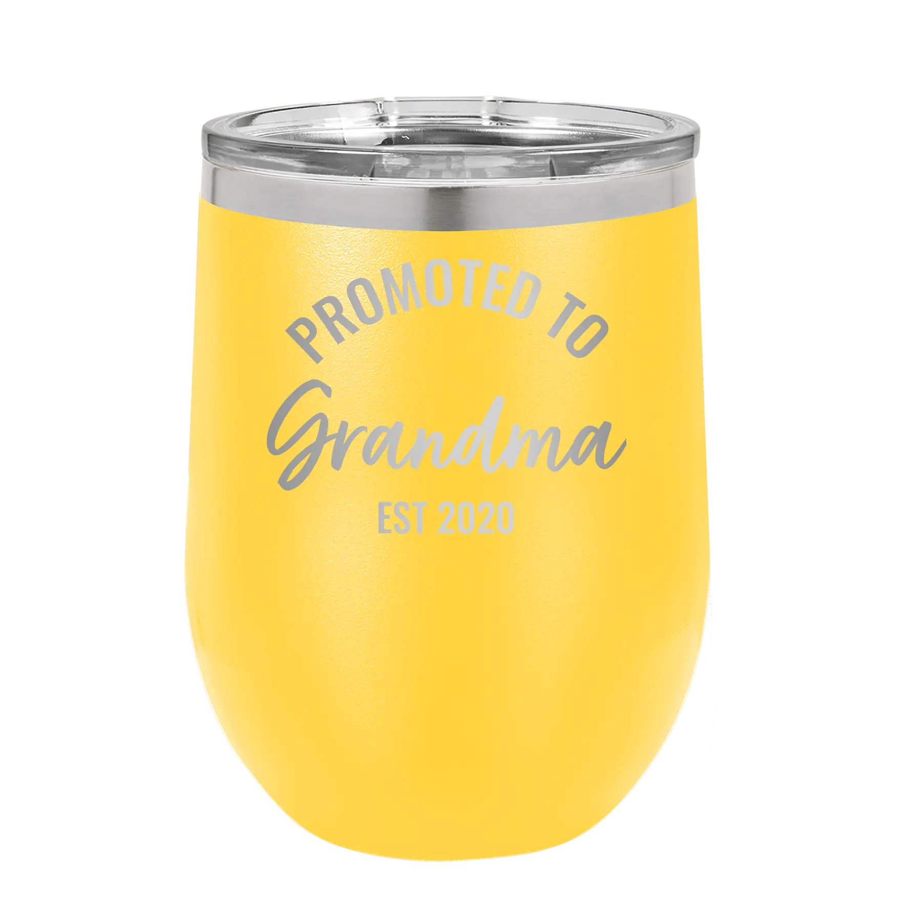 Personalized yellow 12 oz vacuum insulated wine cup with 'Promoted to Grandma' design