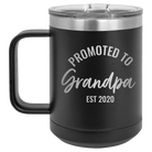 Personalized black 15 oz vacuum insulated coffee mug with 'Promoted to Grandpa' design