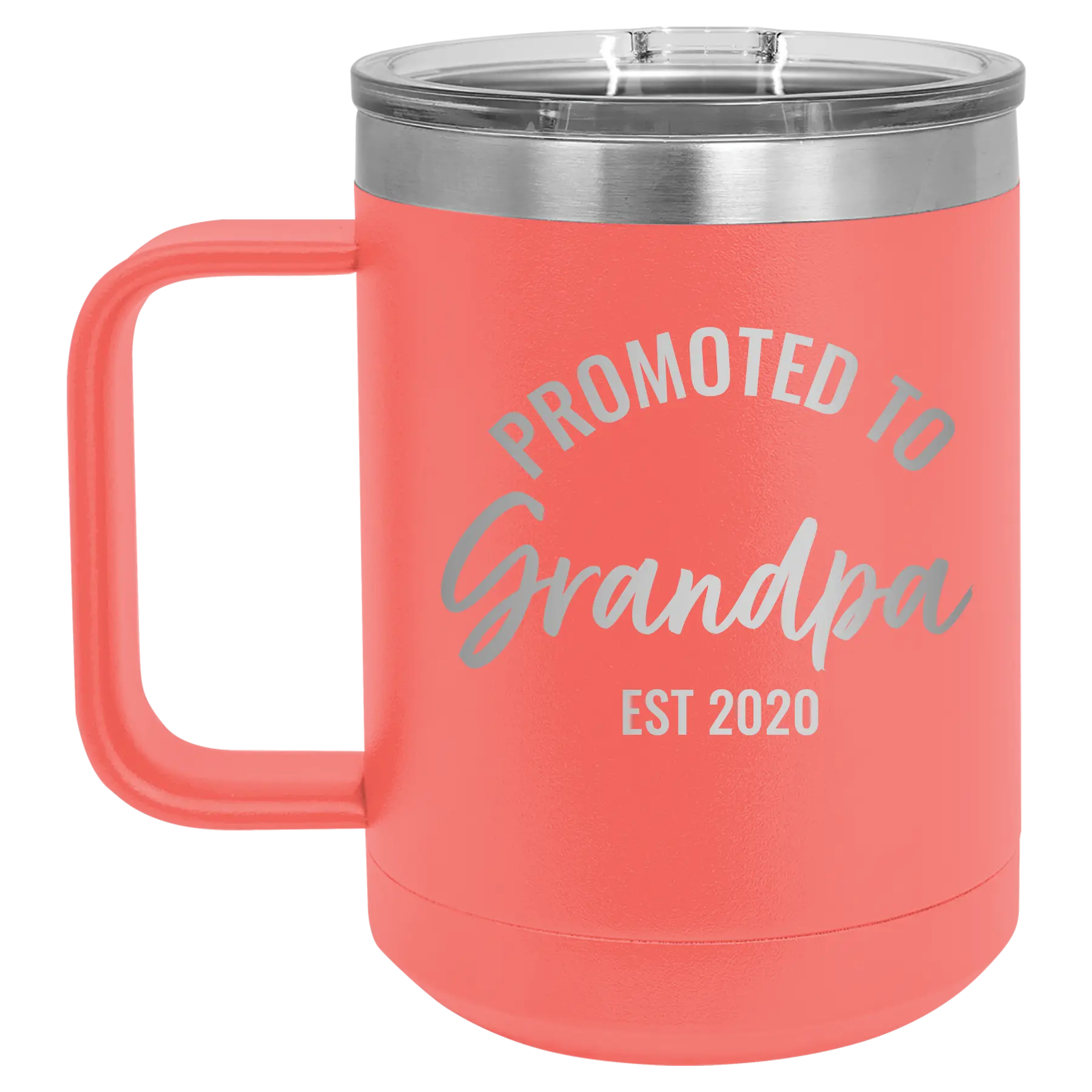 Personalized coral 15 oz vacuum insulated coffee mug with 'Promoted to Grandpa' design