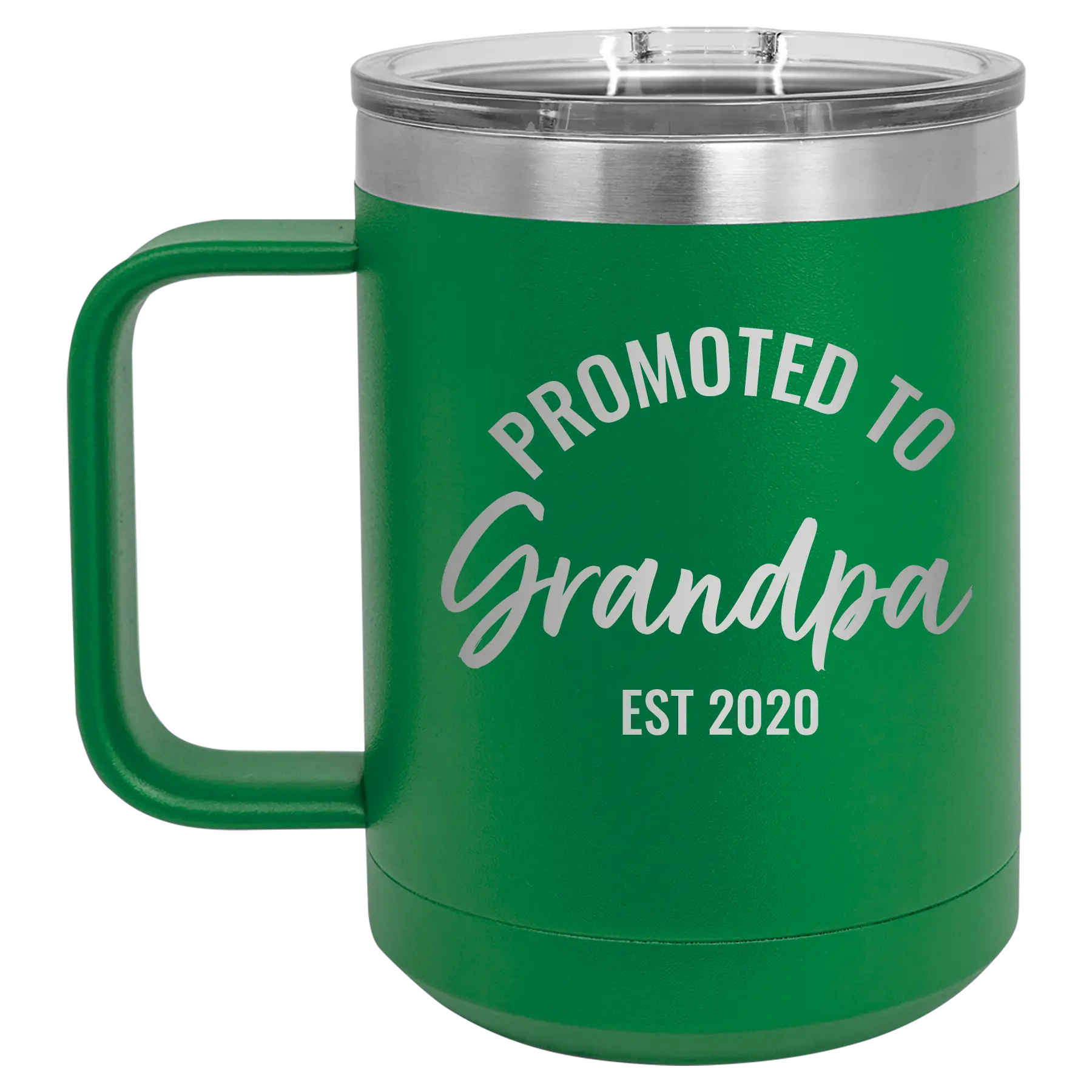Personalized green 15 oz vacuum insulated coffee mug with 'Promoted to Grandpa' design
