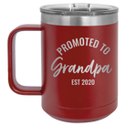 Personalized maroon 15 oz vacuum insulated coffee mug with 'Promoted to Grandpa' design