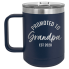 Personalized navy 15 oz vacuum insulated coffee mug with 'Promoted to Grandpa' design