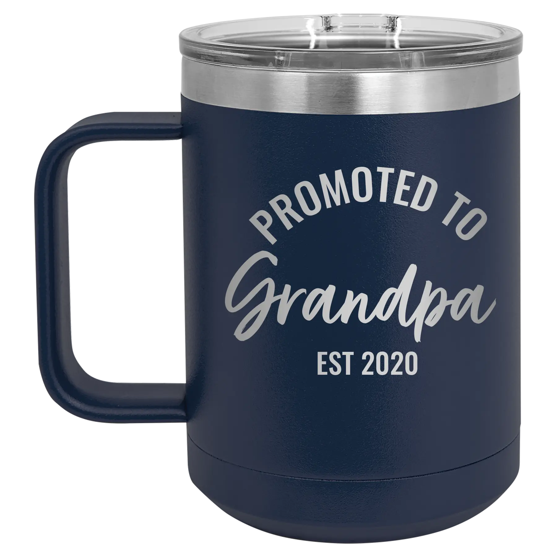 Personalized navy 15 oz vacuum insulated coffee mug with 'Promoted to Grandpa' design