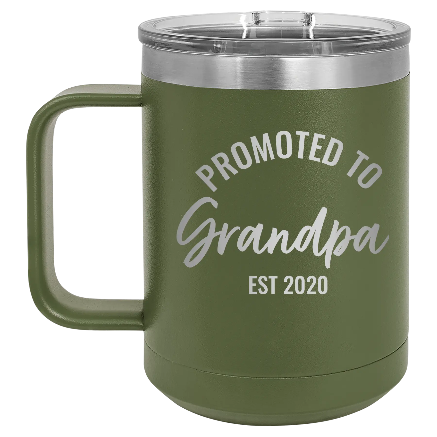 Personalized olive green 15 oz vacuum insulated coffee mug with 'Promoted to Grandpa' design
