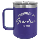 Personalized purple 15 oz vacuum insulated coffee mug with 'Promoted to Grandpa' design