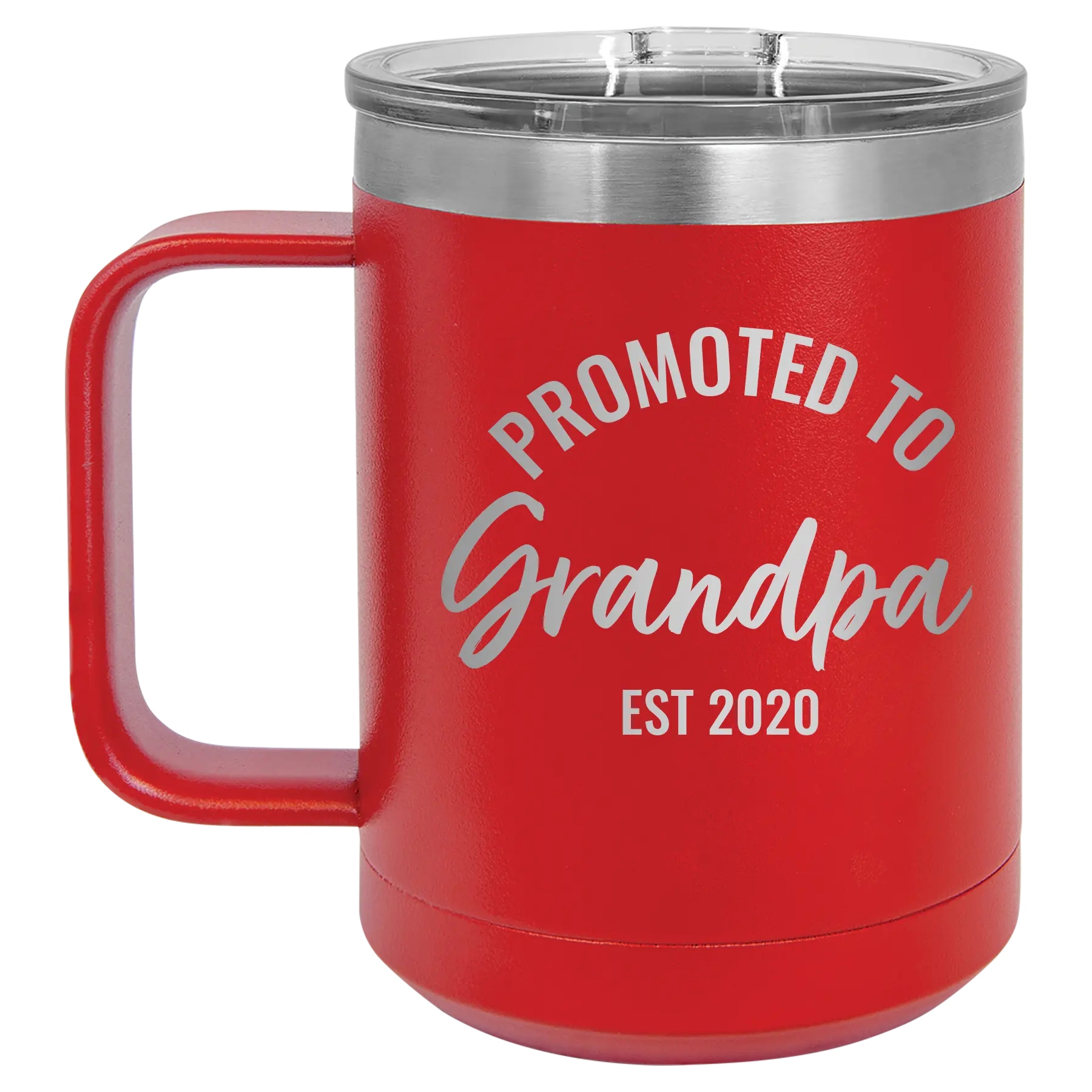 Personalized red 15 oz vacuum insulated coffee mug with 'Promoted to Grandpa' design