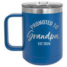 Personalized royal blue 15 oz vacuum insulated coffee mug with 'Promoted to Grandpa' design
